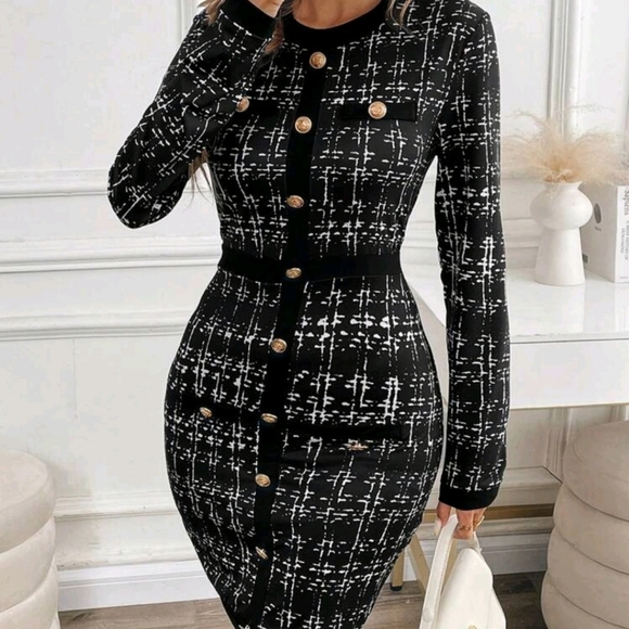 Women's Plaid Crew Neck Long Sleeve Button Design Elegant Work Midi Dress - Picture 1 of 7